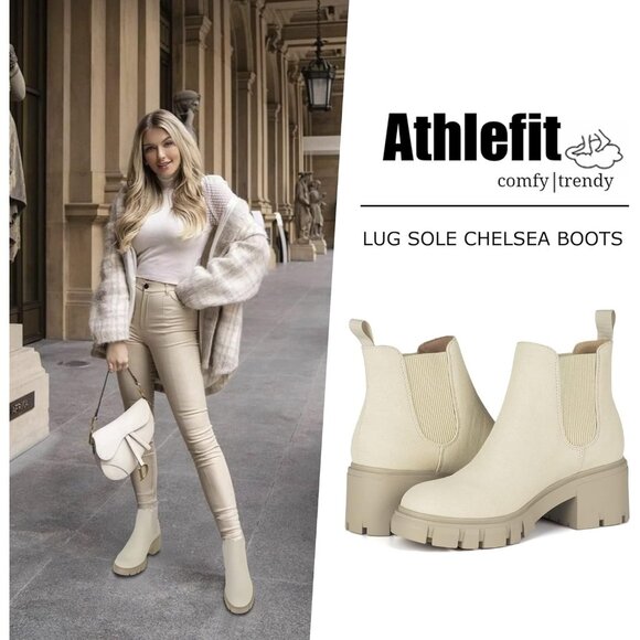 Women's Chelsea Boots Fashion Lug Sole Chunky Heel Slip on Ankle Booties Beige - Picture 2 of 6